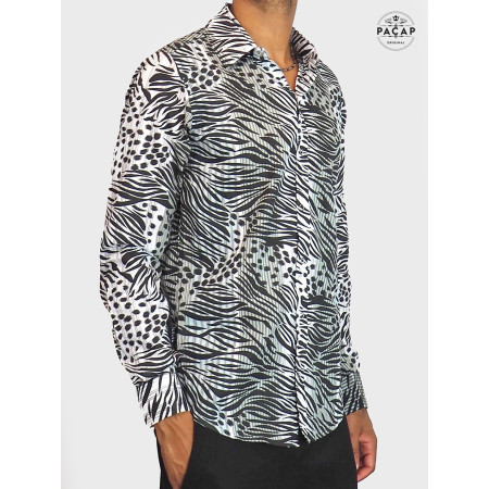 chemise Léopard en coton motif animal zèbre manches longues, chemise fantaisie, chemise originale homme