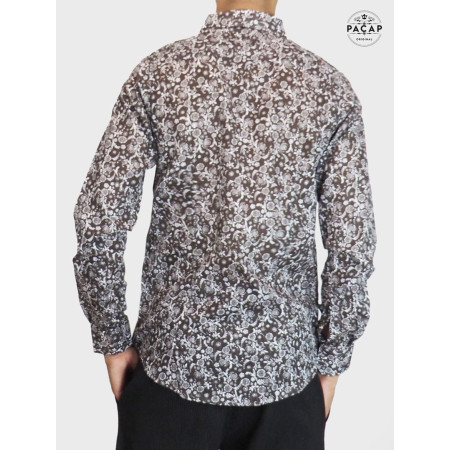 chemise costume a fleurs, coton, motif liberty, manche longue, noir carbon, chemise cintrée, chemise noire