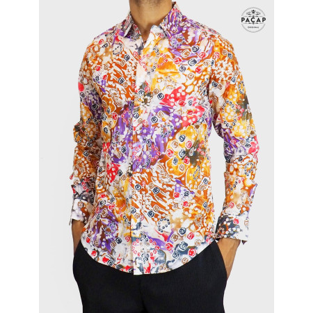 chemise vintage rétro originale multicolore motif abstrait, chemise multicolore, chemise colorée