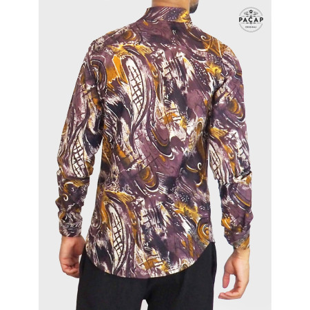 chemise rétro vintage originale manche longue, chemise marron cintrée en coton imprimé, chemise été homme