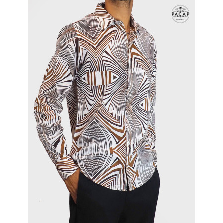 chemise originale vintage et fantaisie blanche motif psycho triangle marron manches longues, chemise rétro année 60 70 80