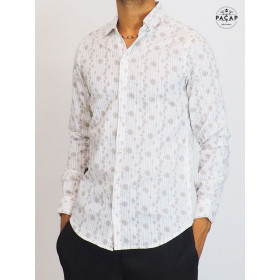 chemise ajustée blanche atypique manches longues, chemise bureau, chemise travail habillée, chemise formelle imprimée