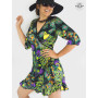 robe cache coeur soie noir, robe satin portefeuille motif paon plume, robe wrap à volants, robe fluide, robe satin noir paon
