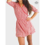Robe portefeuille rouge, robe courte femme, robe cache-cœur a nouer, robe été femme, robe à wrap à volants