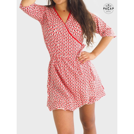 Robe portefeuille rouge, robe courte femme, robe cache-cœur a nouer, robe été femme, robe à wrap à volants
