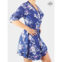 robe portefeuille bleue, robe courte bleue femme, robe à nouer, robe été, robe cache coeur à fleurs