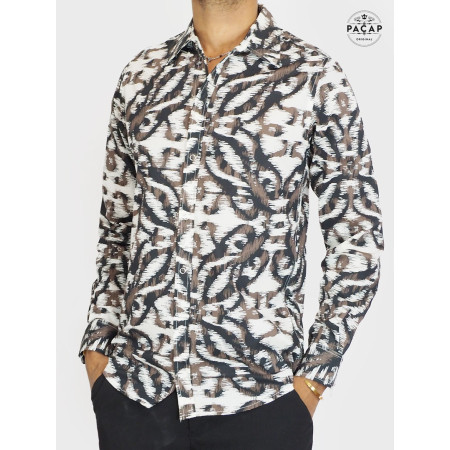 Chemise marron imprimé originale, bouton pression argentée, chemise fantaisie vintage