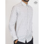 chemise blanche classe imprimée losange gris a bouton pression coton imprimé marque francaise
