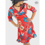 robe courte rouge a volant, robe été femme a grosses fleurs, cache-coeur, portefeuille, wrap, satinée, floral, à nouer