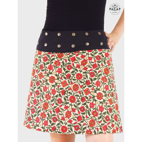 jupe creme boutonnée, jupe a fleurs rouge, jupe femme imprimée, jupe rouge, jupe beige, jupe florale, ceinture noire
