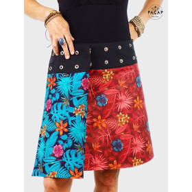 jupe réversible à fleurs rouge et bleue pour femme