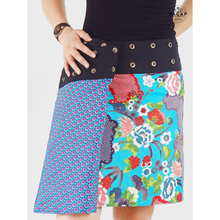 jupe bleue femme, jupe réversible, jupe a fente, jupe ouverte, jupe croisée, jupe wrap, jupe enveloppante, jupe bleu clair