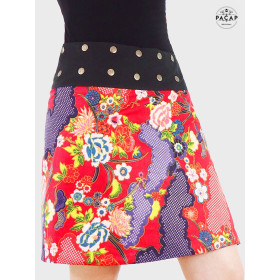 jupe rouge pour femme, jupe florale rouge, jupe a fleurs, jupe estampe japonaise, jupe fleurie rouge, portefeuille