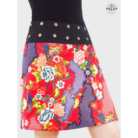 jupe rouge pour femme, jupe florale rouge, jupe a fleurs, jupe estampe japonaise, jupe fleurie rouge, portefeuille