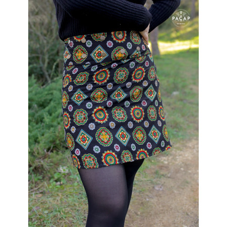 Jupe Automne Velours Noire à Pois Argentés Ceinture Boutonnée - LYLO