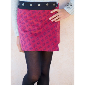 jupe velours rose pour fille, portefeuille, bouton pression, trapèze, asymetrique, fendue, croisée, wrap genoux