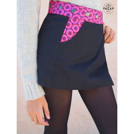 jupe fille enfant en jean avec poche, jupe jean noir petite fille, jupe ceinture a bouton, mini jupe fille, jupe avec collant