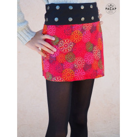 jupe rouge pour fille coton motif rosace fleurs, jupe courte portefeuille