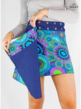 jupe jean réversible pour femme, jupe wrap mandala, enveloppante jean bleu à boutons