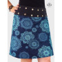 jupe mandala bleue et blanche ceinture large noire à boutons pression pour femme avec des formes