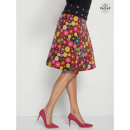jupe fleurs, jupe évasée, jupe portefeuille, jupe genoux, jupe colorée, jupe boutonnée, jupe réversible