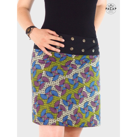 jupe ethnique, jupe africaine, jupe wax, jupe madras, jupe genoux, jupe droite, jupe boutonnée, jupe coton, jupe boho