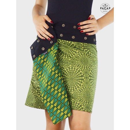 jupe verte réversible, jupe à pois, jupe géometrique, jupe genoux, jupe wrap , jupe imprimé vert pomme, jupe coton