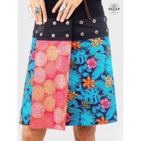 jupe réversible femme, coton popeline, jupe wrap, jupe fendue jupe fleur bleue, jupe pois rose et rouge