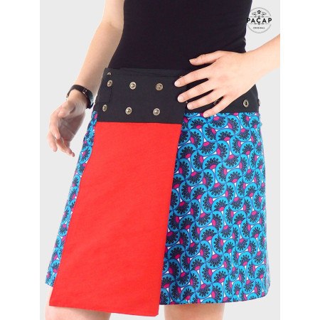 jupe réversible unicolore, jupe femme, jupe fendue, jupe boutonnée, jupe bleue, jupe genoux taille unique