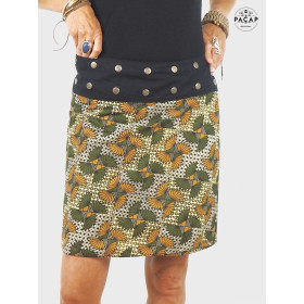 jupe verte, jupe femme, motif eventail, jupe ceinture bouton metal, jupe genoux, jupe droite en coton