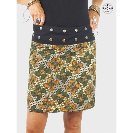 jupe verte, jupe femme, motif eventail, jupe ceinture bouton metal, jupe genoux, jupe droite en coton