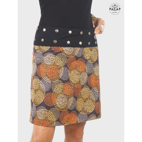 jupe marron à pois coupe portefeuille et trapèze, jupe droite, jupe genoux, jupe a bouton, jupe femme wrap, jupe tulipe, crayon