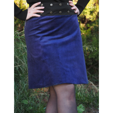 jupe bleu marine velours côtelé, jupe hiver, jupe a collant, jupe genoux, jupe longue, jupe bleue, jupe corduroy