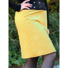 jupe orange en velours, taille unique femme, tenue jupe hiver avec collant, jupe genoux, portefeuille boutonnée