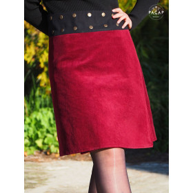 jupe rouge uni femme en velours coupe droite ceinture boutonnée portefeuille reversible fendue