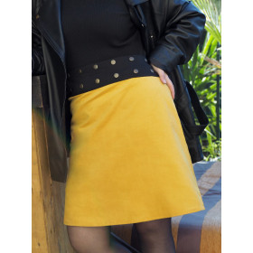 jupe orange en velours, taille unique femme, tenue jupe hiver avec collant, jupe genoux, portefeuille boutonnée