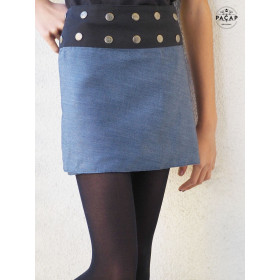 jupe fille, jupe courte enfant, jupe bleu, jupe chambray, jupe fluide, jupe portefeuille droite, mini jupe unie