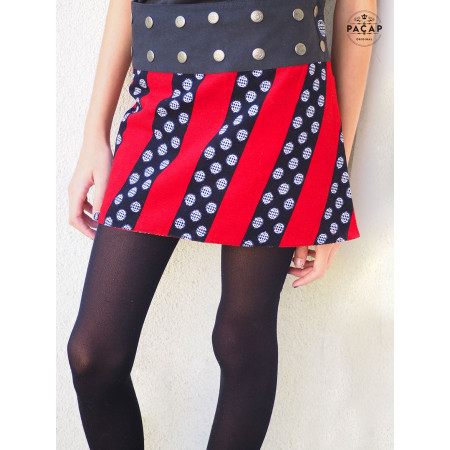 mini jupe courte à bandes rouges et noires, jupe hiver pour fille, jupe enfant fendue, jupe trapèze