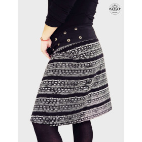jupe velours noire imprimé ethnique azteque africain, jupe longue, jupe boutonnée