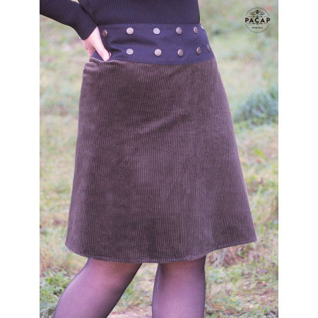 Jupe longue en velours épais marron jupe portefeuille femme réversible ceinture plate jupe hiver ajustable