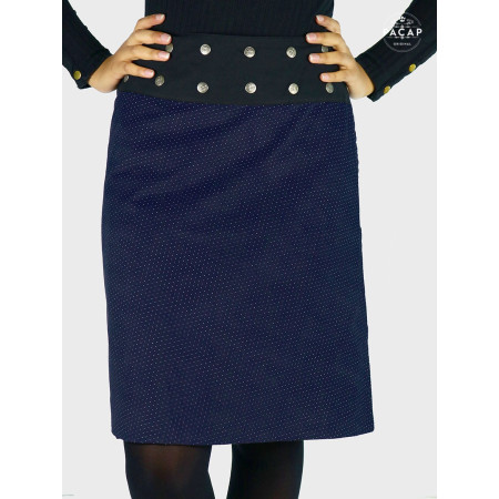 jupe droite femme en velours bleu marine à petit pois blanc micro motif boutonnée