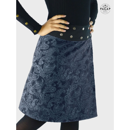 jupe femme haute de gamme cachemire, jupe boutonnée, jupe evasée, jupe velours