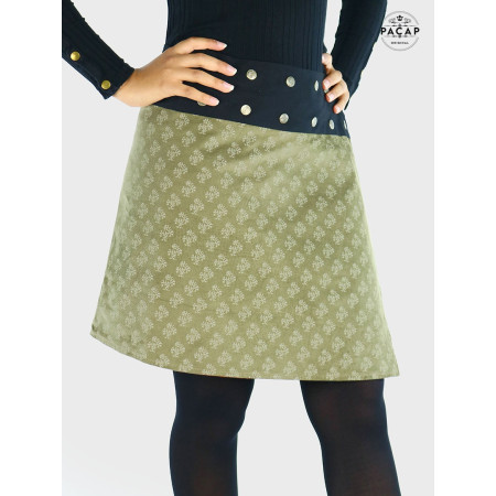 jupe verte pour femme en velours ceinture boutonnée devant, jupe mi longue d'hiver