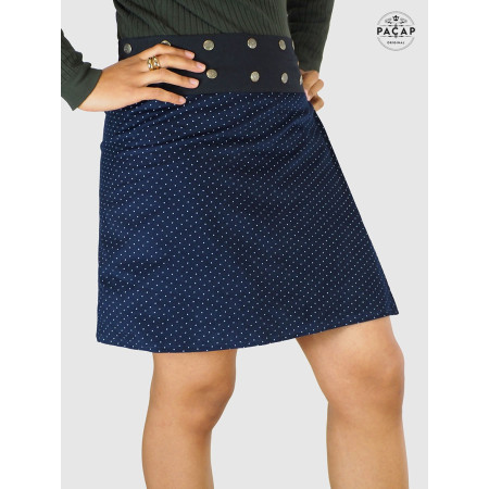 jupe velours hiver femme imprimée à pois bleu taille réglable genoux reversible marque francaise fait main