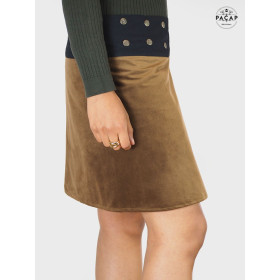 jupe hiver femme velours marron réversible taille réglable mi longue ceinture noire bouton pression