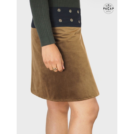 jupe hiver femme velours marron réversible taille réglable mi longue ceinture noire bouton pression