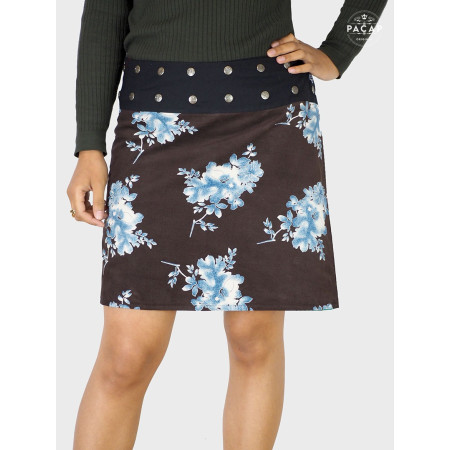 Jupe Imprimée Fleuri Marron à Taille Réglable fleure bleu mi cuisses fournisseur grossiste marque francaise