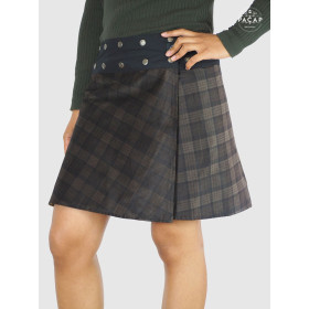 Jupe trapèze, motif carreaux tartan, coupe fendue, boutonnée, kilt écossais femme