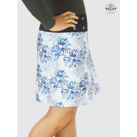 jupe velours satinée legerement brillante pour femme, imprimé fleurs bleues