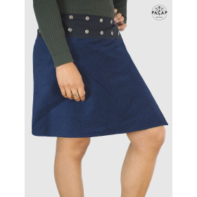 jupe velours bleue femme motif petits pois bleu, évasée, boutonnée fendue
